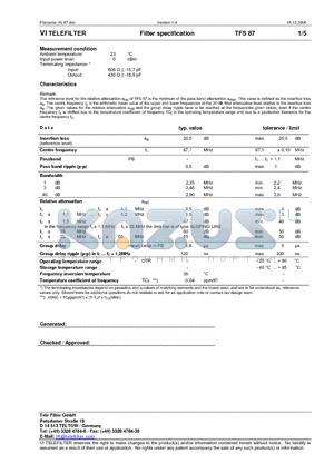 TFS87 datasheet - Filter specification