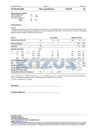 TFS874 datasheet - Filter specification