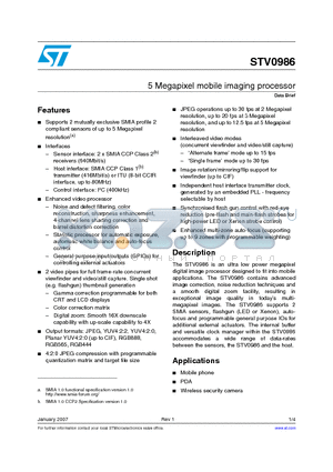 STV0986/TR datasheet - 5 Megapixel mobile imaging processor