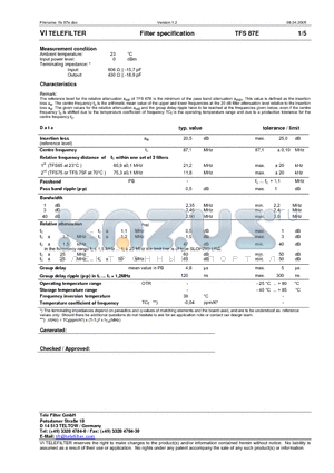 TFS87E datasheet - Filter specification