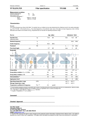 TFS90B datasheet - Filter specification