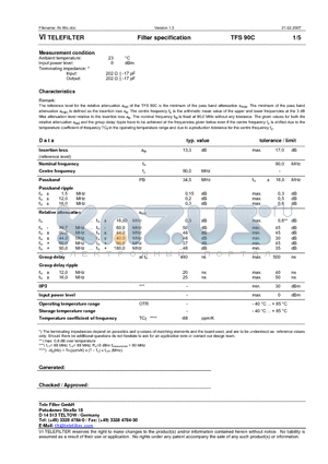 TFS90C datasheet - Filter specification