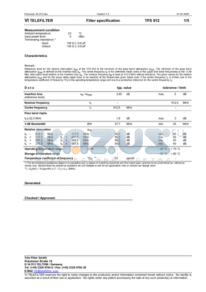 TFS912 datasheet - Filter specification