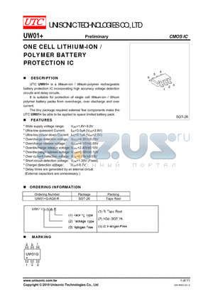 UW01+ datasheet - ONE CELL LITHIUM-ION POLYMER BATTERY PROTECTION IC