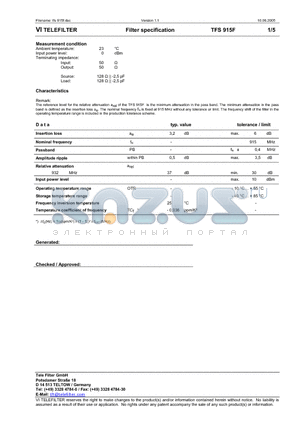 TFS915F datasheet - Filter specification