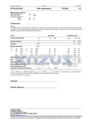 TFS922 datasheet - Filter specification