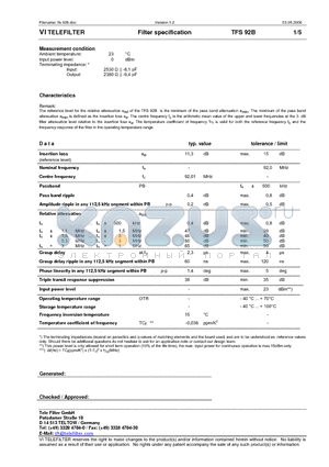 TFS92B datasheet - Filter specification