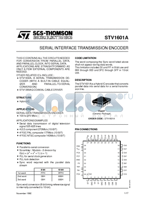 STV1601A datasheet - SERIAL INTERFACE TRANSMISSION ENCODER