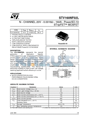 STV160NF02L datasheet - N - CHANNEL 20V - 0.0016ohm - 160A - PowerSO-10 STripFET  MOSFET