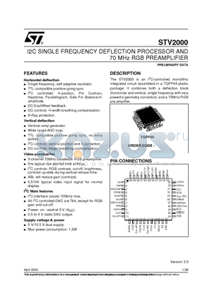 STV2000 datasheet - I2C SINGLE FREQUENCY DEFLECTION PROCESSOR AND 70 MHz RGB PREAMPLIFIER