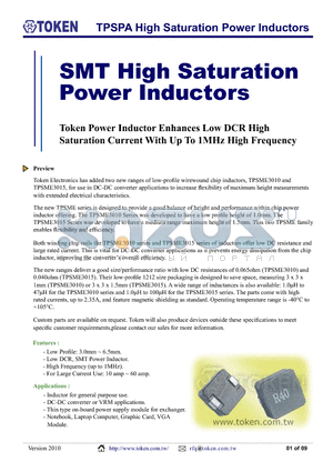 TPSPA-1040C-1R0M datasheet - TPSPA High Saturation Power Inductors