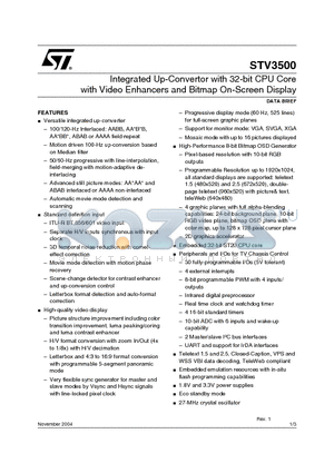 STV3500 datasheet - Integrated Up-Convertor with 32-bit CPU Core with Video Enhancers and Bitmap On-Screen Display