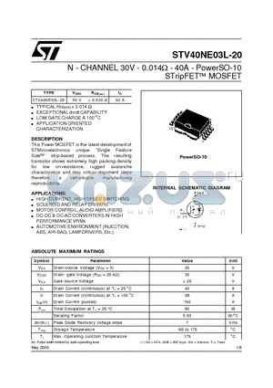 STV40NE03L-20 datasheet - N - CHANNEL 30V - 0.014ohm - 40A - PowerSO-10 STripFET  MOSFET