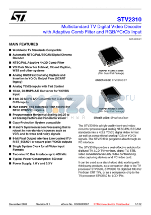 STV2310_04 datasheet - Multistandard TV Digital Video Decoder with Adaptive Comb Filter and RGB/YCrCb Input