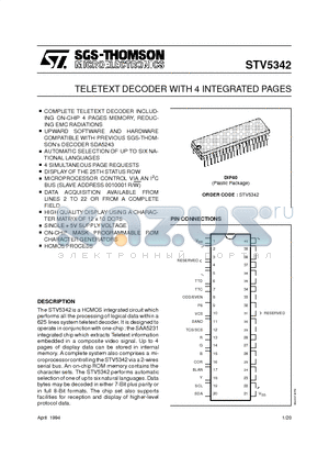 STV5342 datasheet - TELETEXT DECODER WITH 4 INTERGATED PAGES