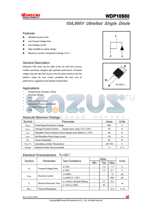 WDP10S60 datasheet - 10A,600V Ultrafast Single Diode