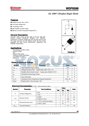 WDP8S60 datasheet - 8A, 600V Ultrafast Single Diode