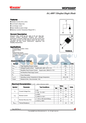 WDP8S60P datasheet - 8A, 600V Ultrafast Single Diode