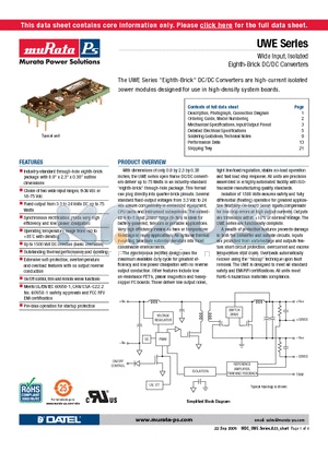 UWE-15/5-Q12P-C datasheet - Wide Input, Isolated Eighth-Brick DC/DC Converters