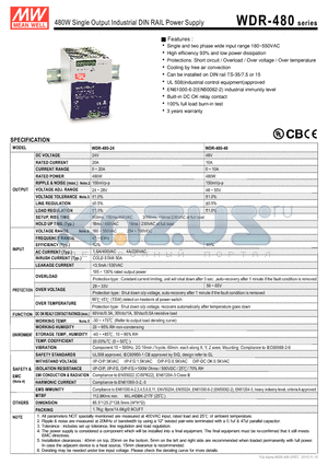 WDR-480 datasheet - 480W Single Output Industrial DIN RAIL Power Supply