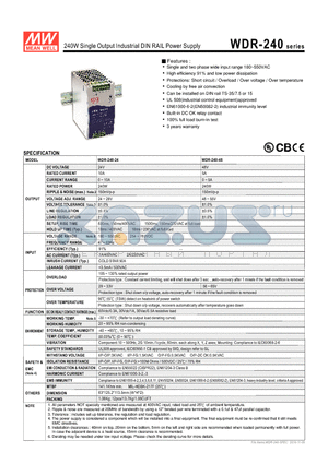 WDR-240-24 datasheet - 240W Single Output Industrial DIN RAIL Power Supply