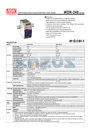 WDR-240_1111 datasheet - 240W Single Output Industrial DIN RAIL Power Supply