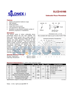 SLCD-61N8 datasheet - Solderable Planar Photodiode