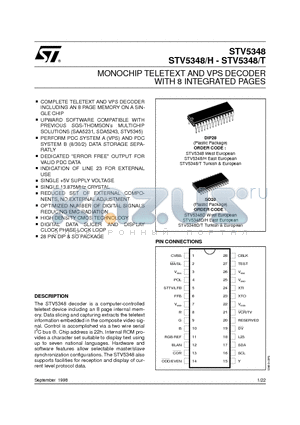 STV5348DH datasheet - MONOCHIP TELETEXT AND VPS DECODER WITH 8 INTEGRATED PAGES