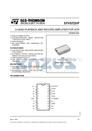 STV5723/P datasheet - 3-HEAD PLAYBACK AND RECORD AMPLIFIER FOR VCR