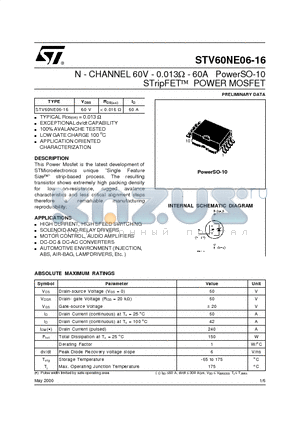 STV60NE06-16 datasheet - N - CHANNEL 60V - 0.013ohm - 60A PowerSO-10 STripFET  POWER MOSFET