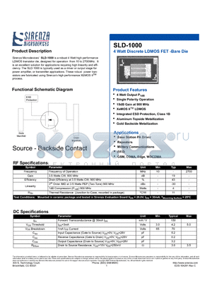 SLD-1000 datasheet - 4 Watt Discrete LDMOS FET-Bare Die