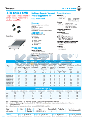 WE0603ML180A datasheet - Multilayer Ceramic Transient Voltage Suppressors for ESD Protection