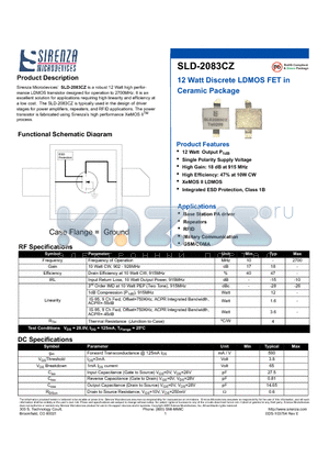 SLD-2083CZ datasheet - 12 Watt Discrete LDMOS FET in Ceramic Package