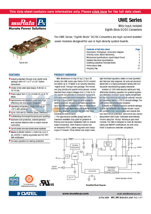 UWE-3.3/20-Q12P-C datasheet - Wide Input, Isolated Eighth-Brick DC/DC Converters