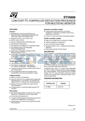 STV6888 datasheet - LOW-COST I2C CONTROLLED DEFLECTION PROCESSOR FOR MULTISYNC MONITOR