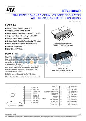 STV8130AD datasheet - ADJUSTABLE AND 3.3 V DUAL VOLTAGE REGULATOR WITH DISABLE AND RESET FUNCTIONS