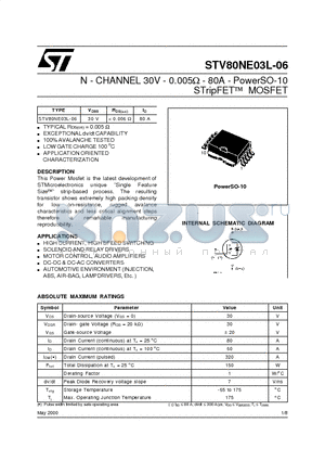 STV80NE03L-06 datasheet - N - CHANNEL 30V - 0.005ohm - 80A - PowerSO-10 STripFET  MOSFET