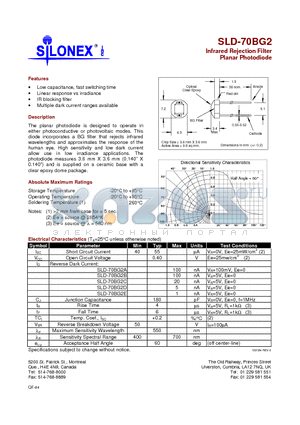 SLD-70BG2 datasheet - Infrared Rejection Filter Planar Photodiode
