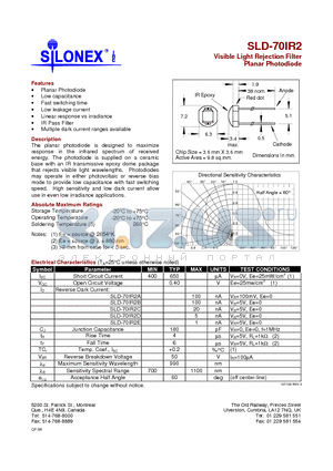 SLD-70IR2 datasheet - Visible Light Rejection Filter Planar Photodiode