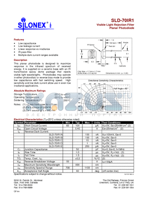 SLD-70IR1 datasheet - Visible Light Rejection Filter Planar Photodiode