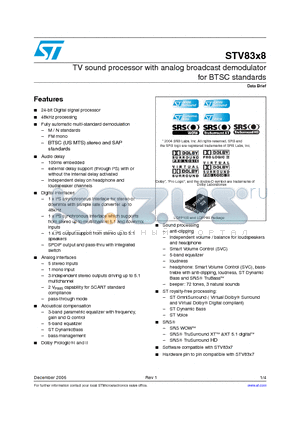 STV83X8 datasheet - TV sound processor with analog broadcast demodulator for BTSC standards