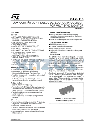 STV9118 datasheet - LOW-COST I2C CONTROLLED DEFLECTION PROCESSOR FOR MULTISYNC MONITOR