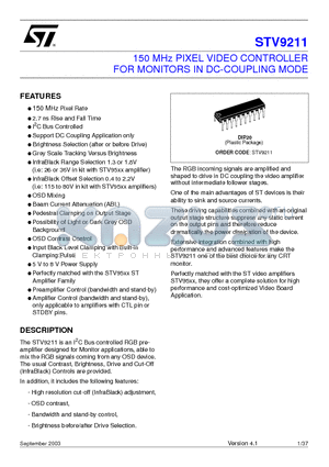 STV9211 datasheet - 150 MHz PIXEL VIDEO CONTROLLER FOR MONITORS IN DC-COUPLING MODE