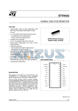 STV9432 datasheet - 100MHz OSD FOR MONITOR