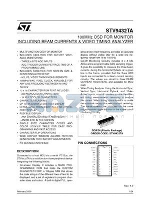 STV9432TA datasheet - 100MHz OSD FOR MONITOR INCLUDING BEAM CURRENTS & VIDEO TIMING ANALYZER