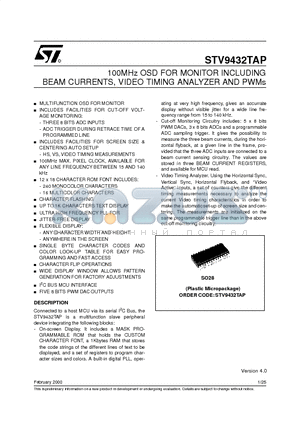 STV9432TAP datasheet - 100MHz OSD FOR MONITOR INCLUDING BEAM CURRENTS, VIDEO TIMING ANALYZER AND PWMs