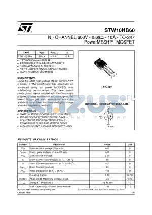 STW10NB60 datasheet - N - CHANNEL 600V - 0.69ohm - 10A - TO-247 PowerMESH  MOSFET