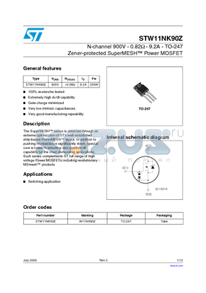 STW11NK90Z datasheet - N-channel 900V - 0.82OHM - 9.2A - TO-247 Zener-protected SuperMESH  Power MOSFET