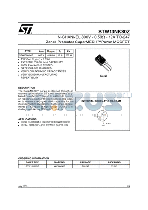 STW13NK80Z datasheet - N-CHANNEL 800V - 0.53W - 12A TO-247 Zener-Protected SuperMESH Power MOSFET
