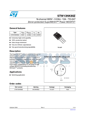 STW13NK80Z datasheet - N-channel 800V - 0.53Y - 12A - TO-247 Zener-protected SuperMESH Power MOSFET